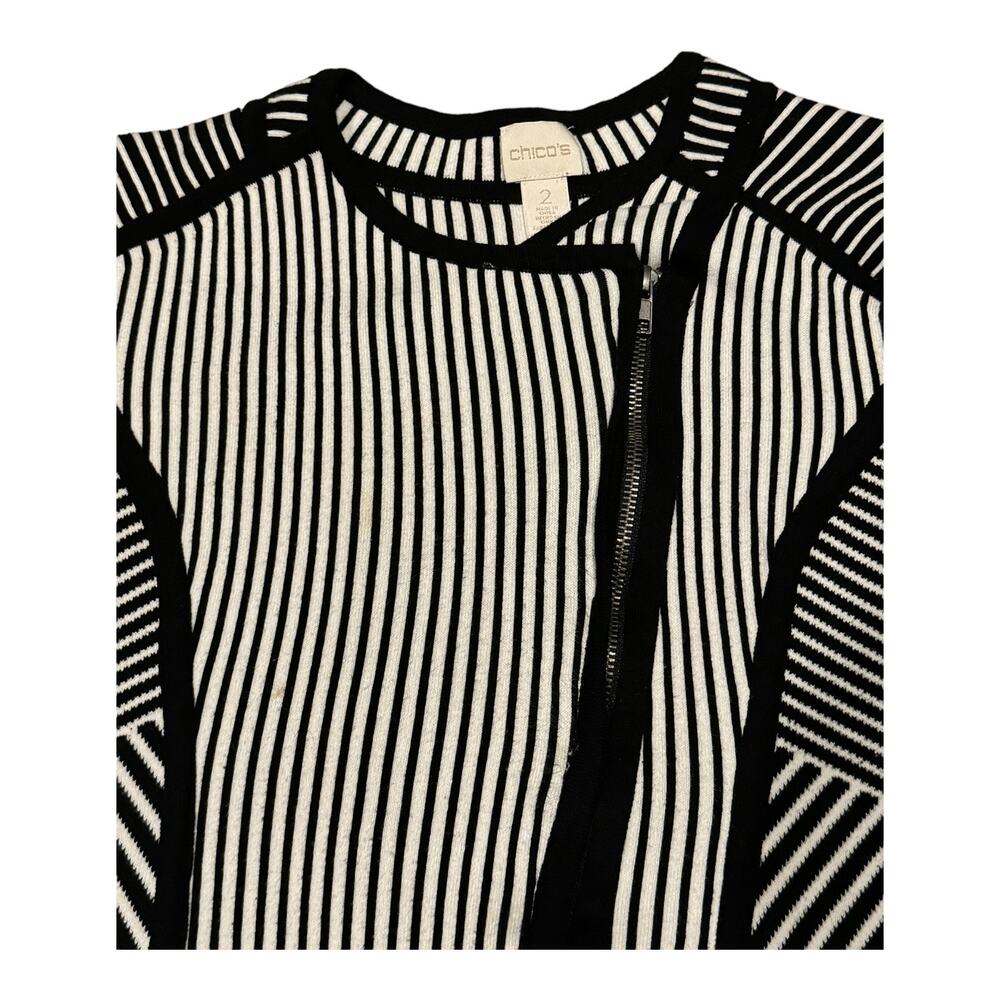 Chico's Natania Black/White Stripe asymmetrical Zip Up Cardigan Sweater size 12 - Picture 7 of 15
